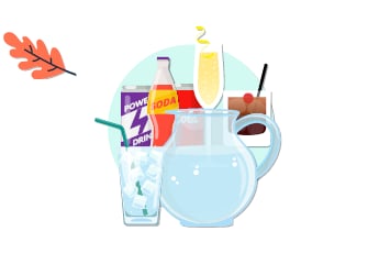 pitcher and glass of water in front of sodas and liquor