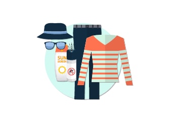 hat, sun glasses, pants, long-sleeve shirt, bug spray and sunscreen