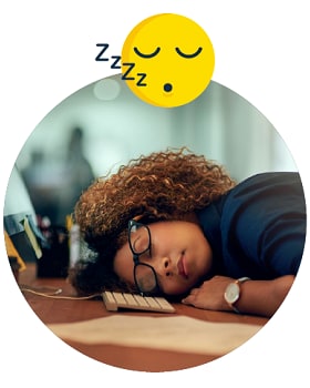 image of a woman at her desk asleep: "1 in 3 adults don't get enough sleep."