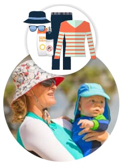 woman and child wearing hats, sunglasses, sunscreen, long-sleeve shirts