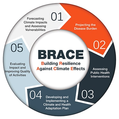 A circle with the 5 steps of the BRACE framework on it. Inside the circle is the acronym BRACE and what each letter represents.