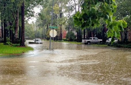 Flooded suburban Texas street after Hurricane Harvey