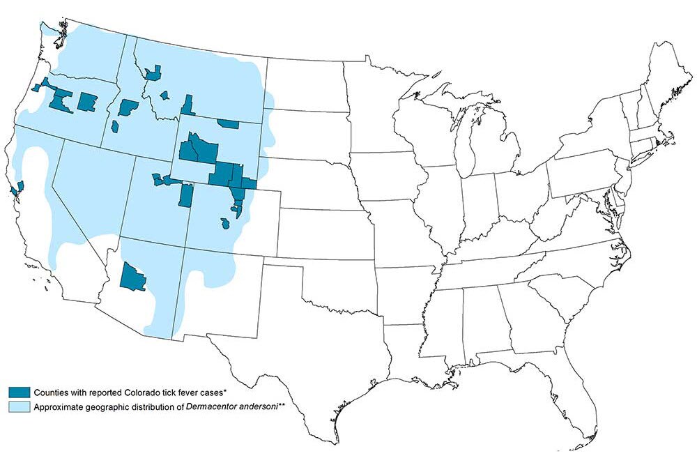 Approximate geographic distribution of Dermacentor andersoni ticks and counties of residence for laboratory-confirmed Colorado tick fever virus disease cases, United States, 2002–2012 - Cases are concentrated in the Western United States