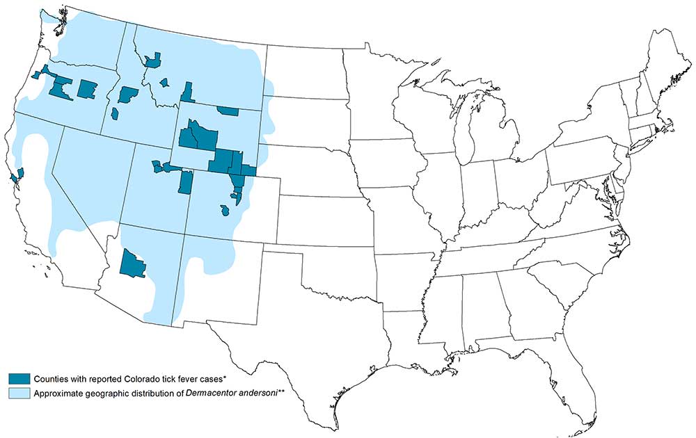 Approximate geographic distribution of Dermacentor andersoni ticks and counties of residence for laboratory-confirmed Colorado tick fever virus disease cases, United States, 2010–2019 - Cases are concentrated in the Western United States