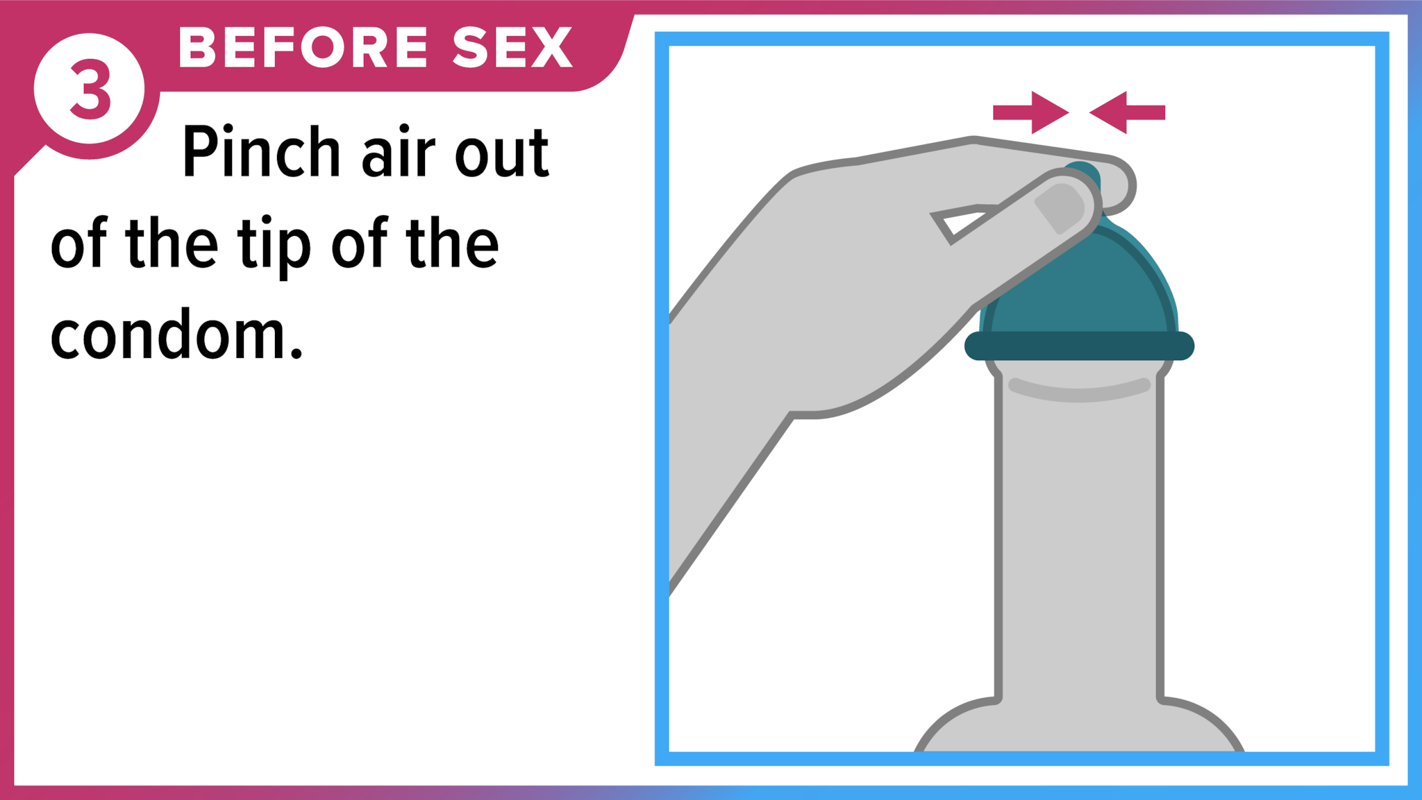 Hand pinching air out of the tip of the condom. Before sex, pinch air out of the tip of the condom.