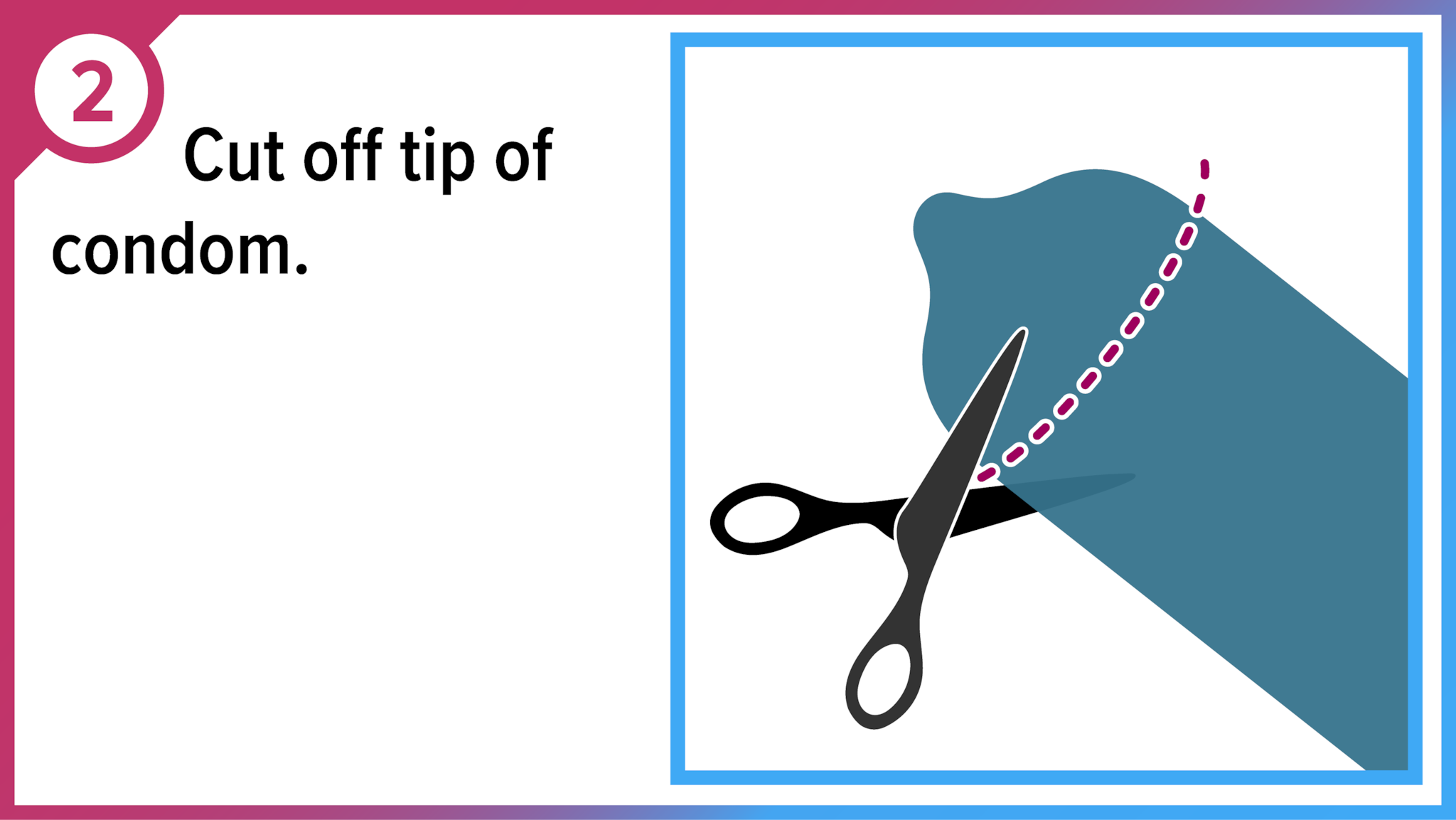 Scissors cutting condom tip off. Cut off tip of condom.