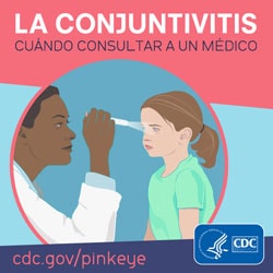 Ilustración de un médico examinando el ojo de una niña con cojuntivitis