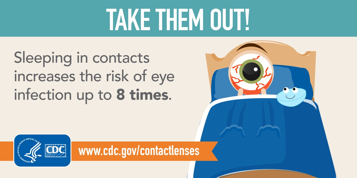 Take them out! Sleeping in contacts increases the risk of eye infection up to 8 times.
