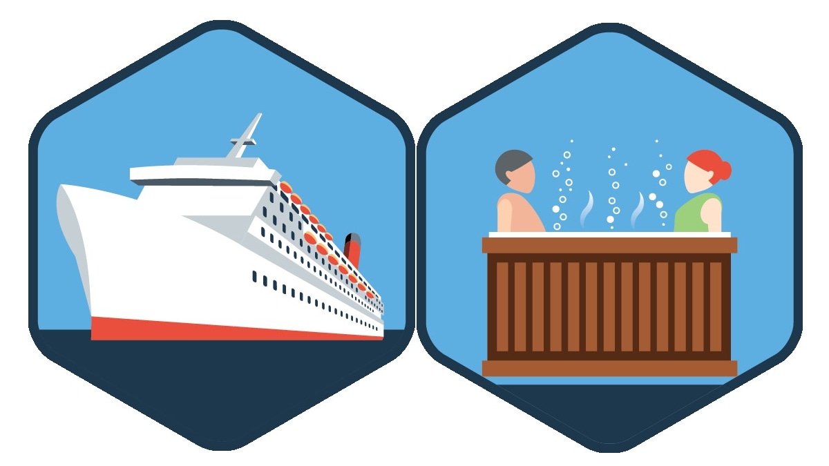 Illustrations representing a cruise ship and hot tub
