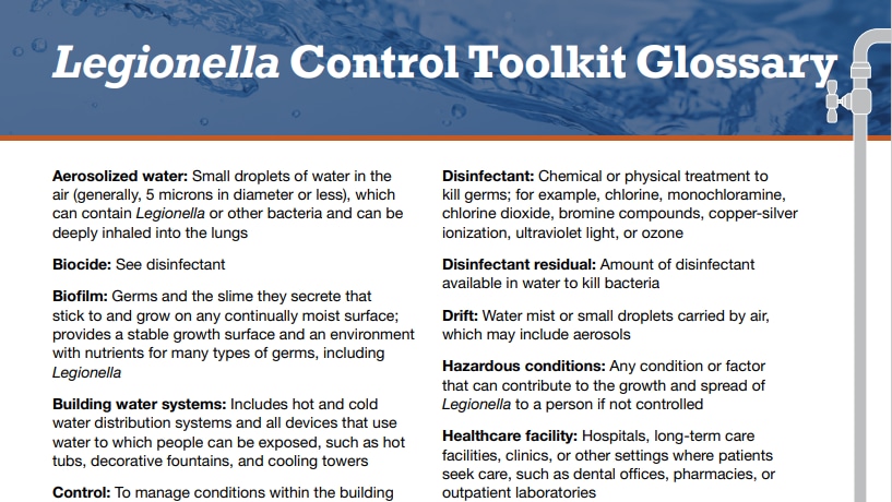 An image of the glossary page of the Legionella Control Toolkit.