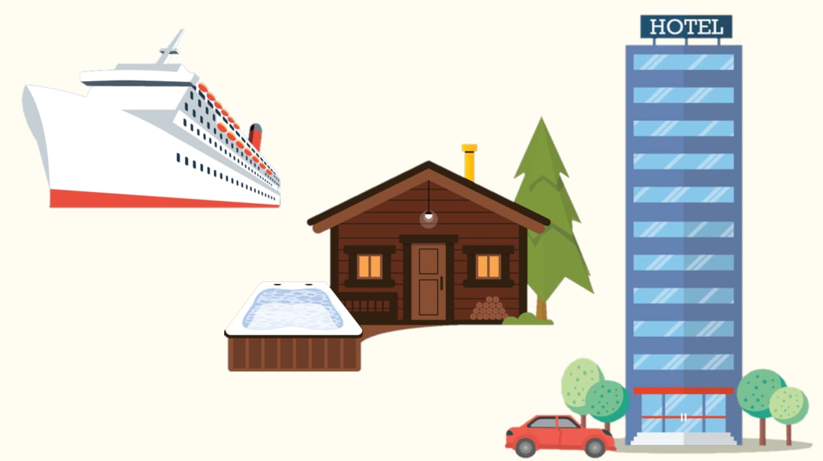 An illustration of various hospitality settings, like hotels, rental properties, and cruise ships.