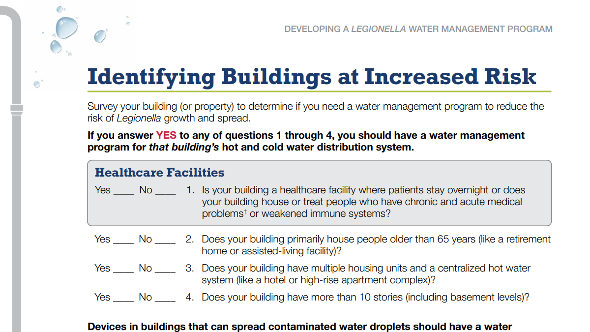 Picture of the worksheet to identify buildings at increased risk of Legionella growth and spread.
