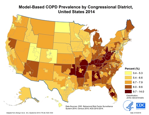 Map displaying model-based prevalence of chronic obstructive pulmonary disease (COPD), by congressional district in the United States, 2014. Data sources for development of model included CDC’s Behavioral Risk Factor Surveillance System (2014), the U.S. Census (2010), and the American Community Survey (2010-2014). Congressional district COPD prevalence estimates ranged from 3.4% to 14.0%.