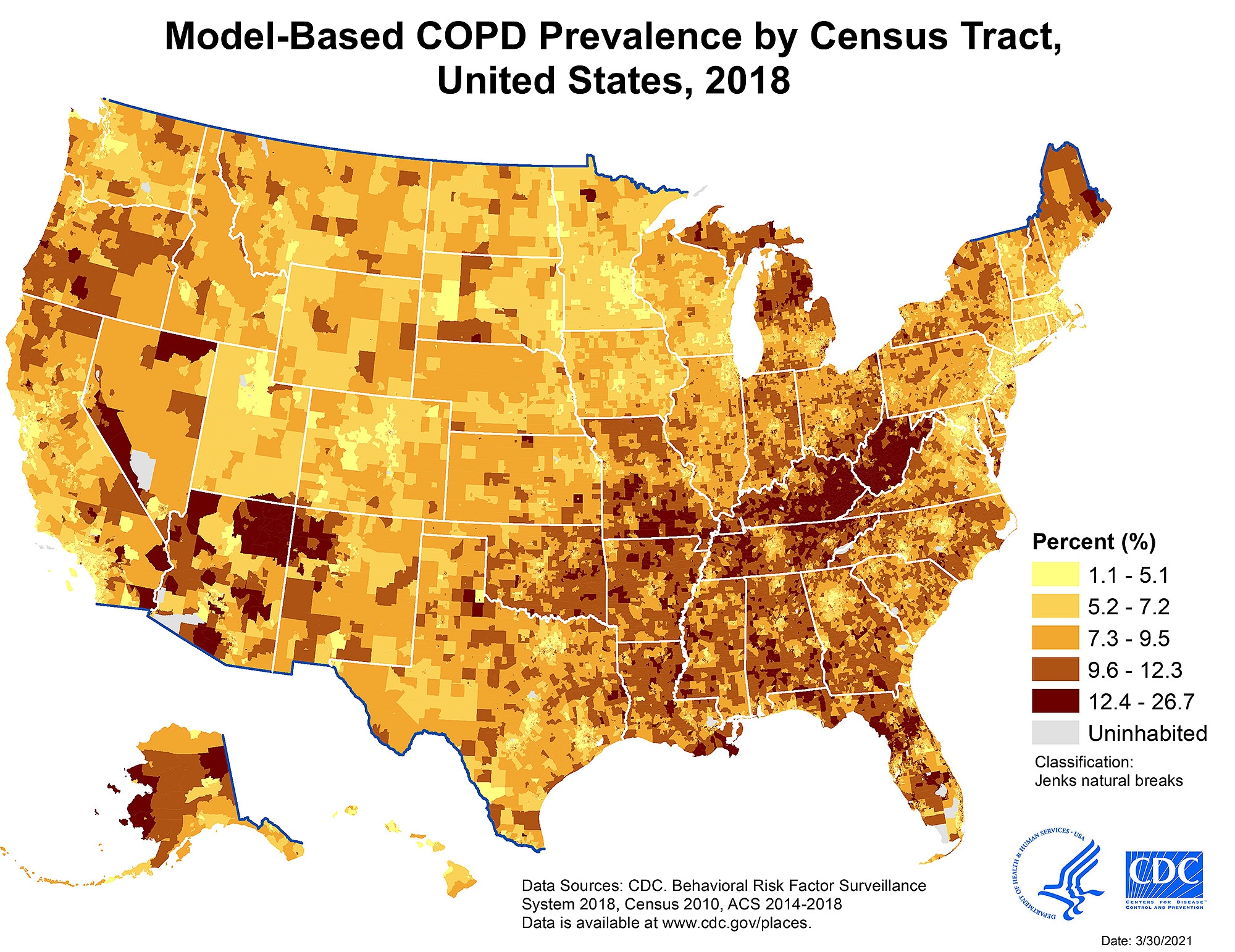 Census tracts with highest model-based COPD prevalence estimates were clustered along the Ohio and lower Mississippi rivers