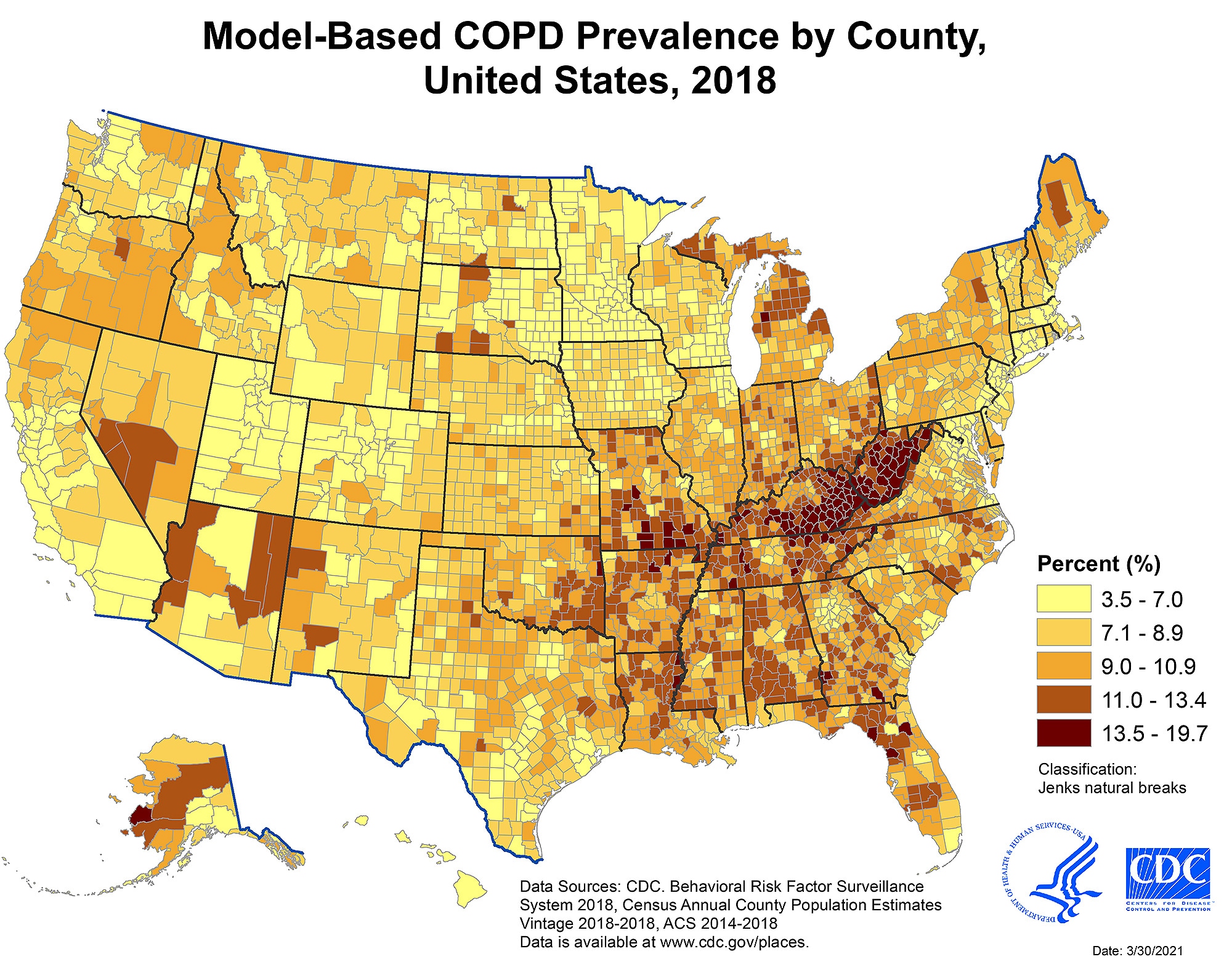 Counties with the highest model-based COPD prevalence estimates were clustered along the Ohio and lower Mississippi rivers