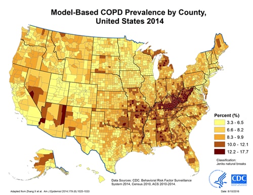Map displaying model-based prevalence of chronic obstructive pulmonary disease (COPD), by county in the United States, 2014. Data sources for development of model included CDC’s Behavioral Risk Factor Surveillance System (2014), the U.S. Census (2010), and the American Community Survey (2010-2014). County COPD prevalence estimates ranged from 3.3% to 17.7%.