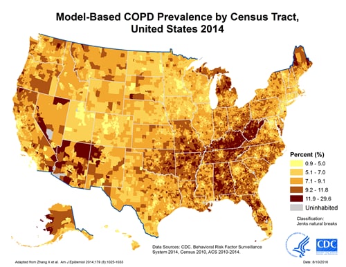 Map displaying model-based prevalence of chronic obstructive pulmonary disease (COPD), by census tract in the United States, 2014. Data sources for development of model included CDC’s Behavioral Risk Factor Surveillance System (2014), the U.S. Census (2010), and the American Community Survey (2010-2014). Census tract COPD prevalence estimates ranged from 0.9% to 29.6%.