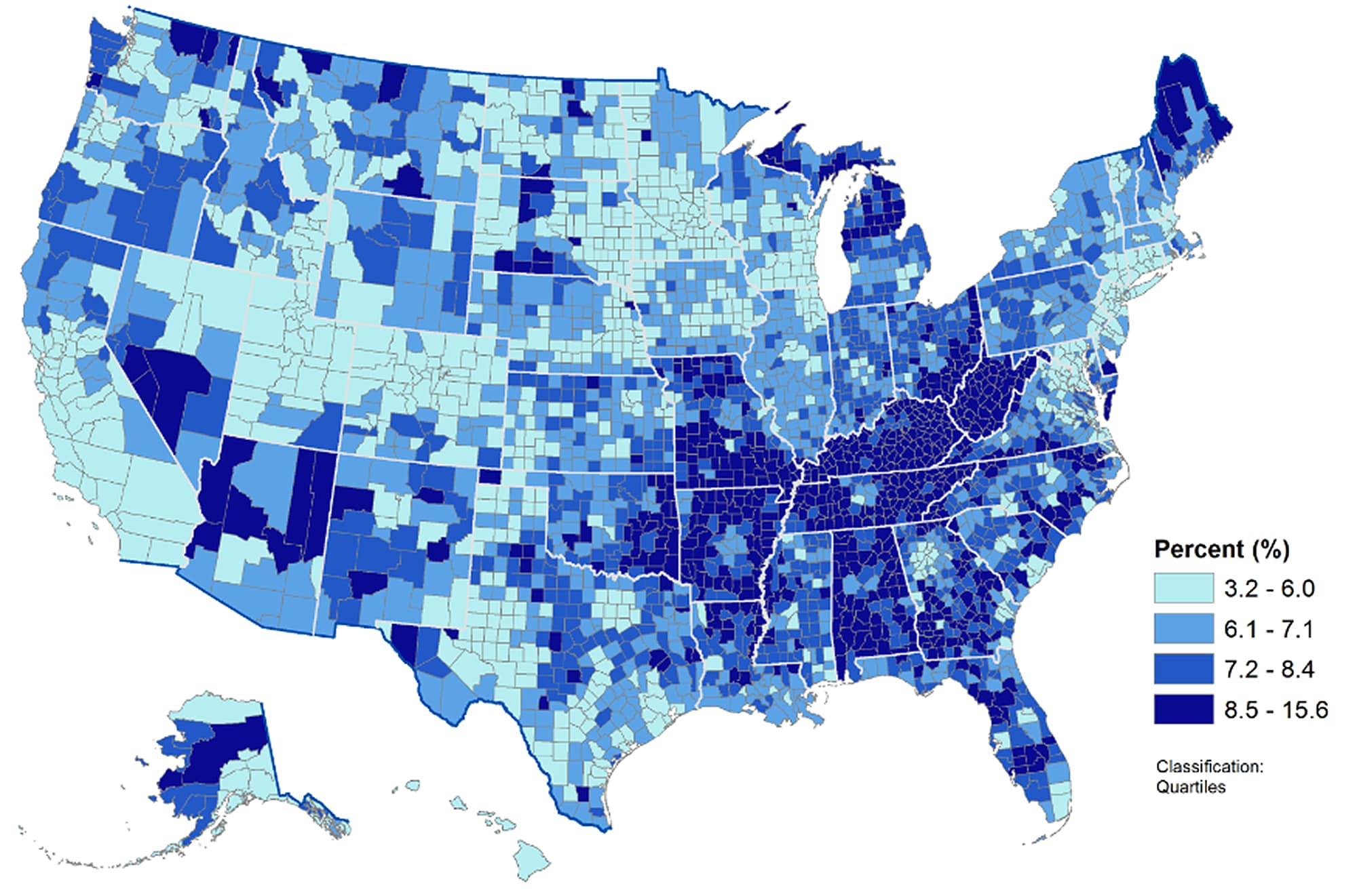 U.S. map showing non-metropolitan areas of West Virginia, Kentucky, Tennessee, Alabama, Arkansas, Georgia, Missouri, Ohio, Maine, Michigan, Oklahoma, and Arizona with the highest county-level estimates of COPD prevalence.