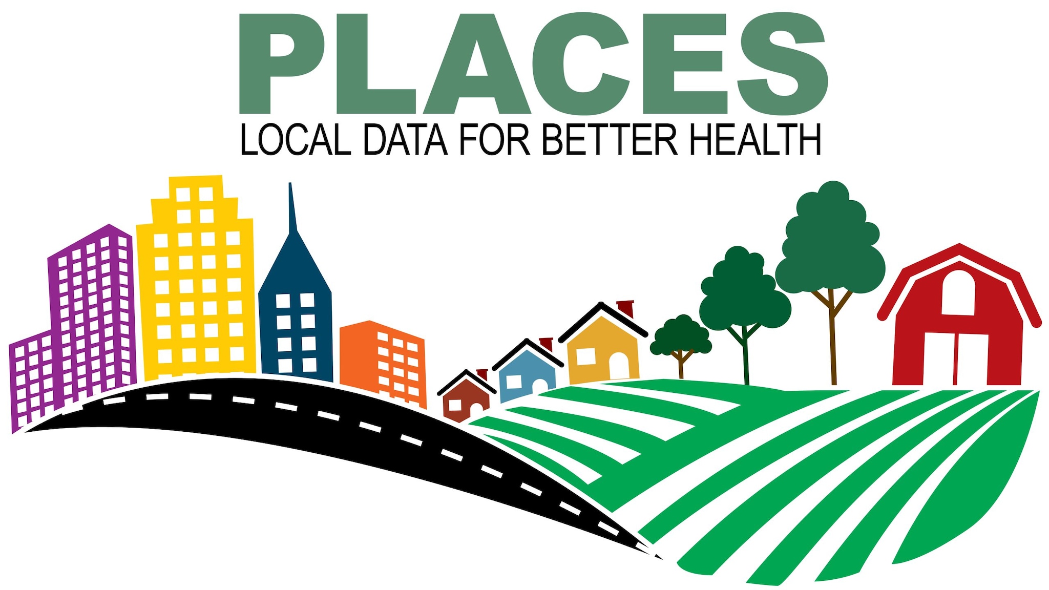 PLACES logo: Illustration of city, morphing to suburbs, to rural. Slogan of Local Data for Better Health
