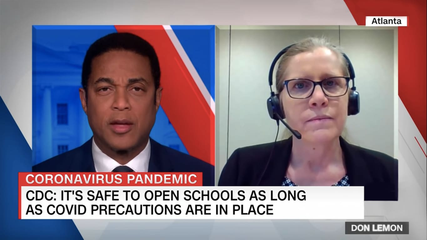 Peggy Honein (r.), who leads the State, Tribal, Local, and Territorial Support Task Force in CDC's COVID-19 response, talks with CNN's Don Lemon. Peggy is telling Don about ways that schools can safely reopen.