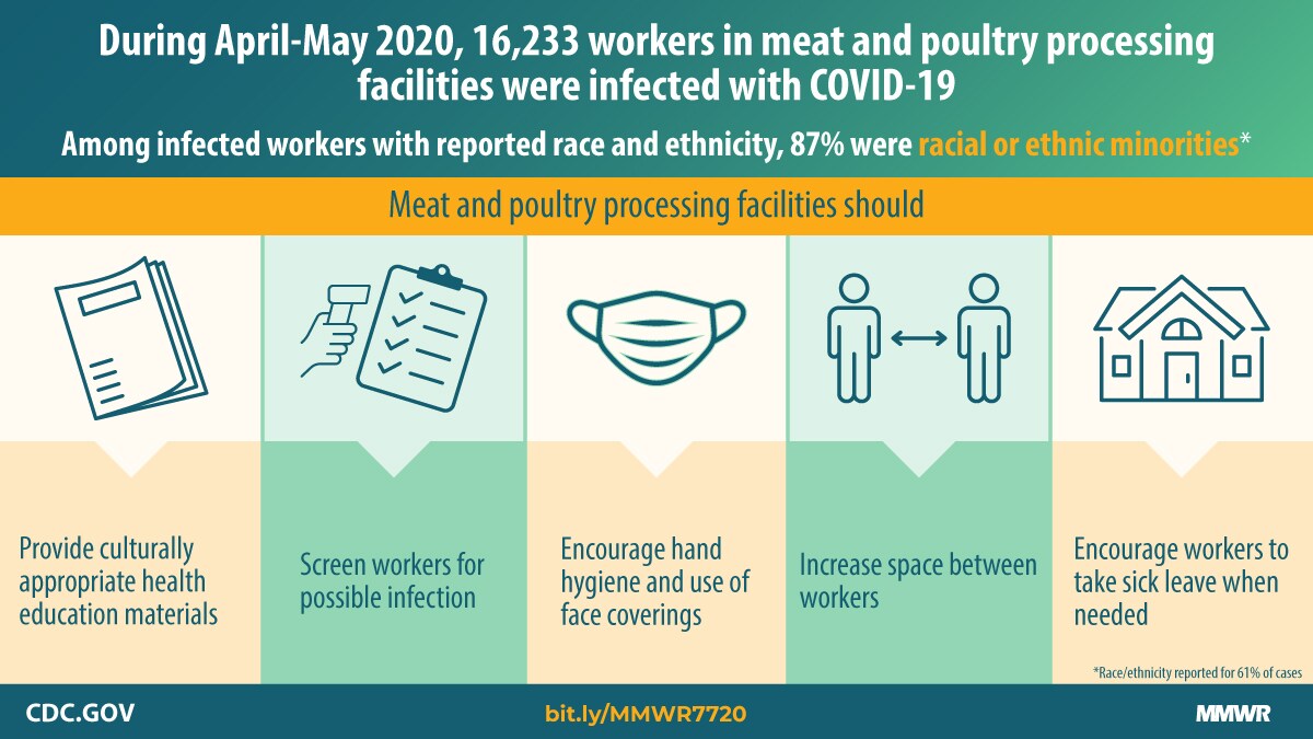 Infographic: During April-May 2020, 16,233 workers in meat and poultry processing facilities were infected with COVID-19