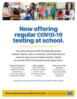 Volante de la campaña de los CDC de realización de pruebas de detección del COVID-19 en las escuelas