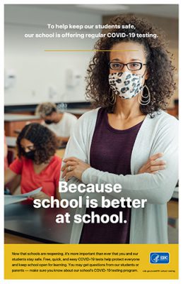 Afiche de la campaña de los CDC de realización de pruebas de detección del COVID-19 en las escuelas