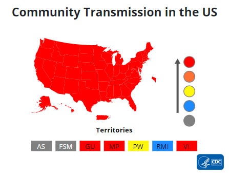 Illustration of the US map with all the states red and territories below in different colors with text Community Transmission in the US 01-07-2022