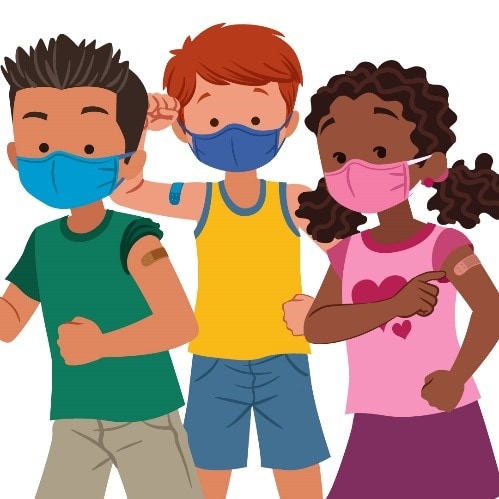 Three children in masks proudly displaying band-aids on their arms