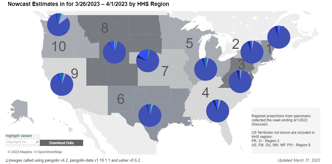 Nowcast variant proportion estimates for 3/26/2023 - 4/1/2023 by HHS Region