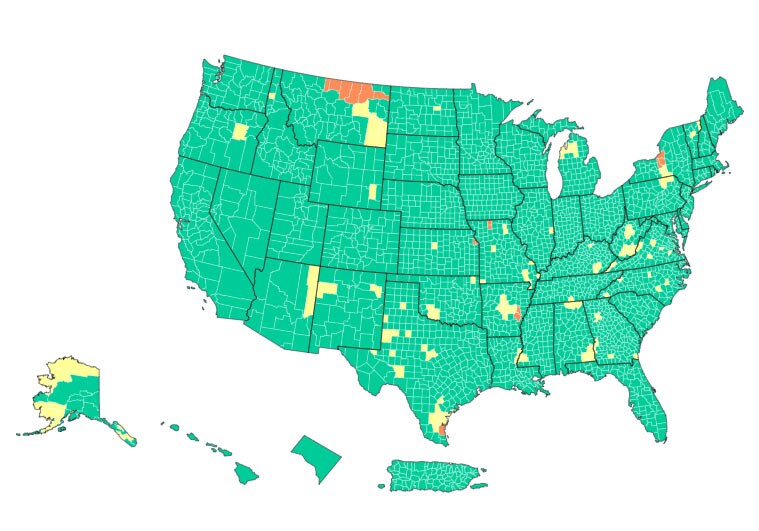 map showing U.S. COVID-19 Community Levels by County