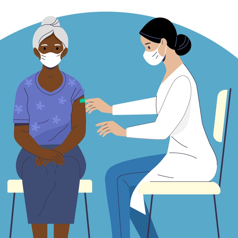 illustration of older woman with white hair getting vaccinated