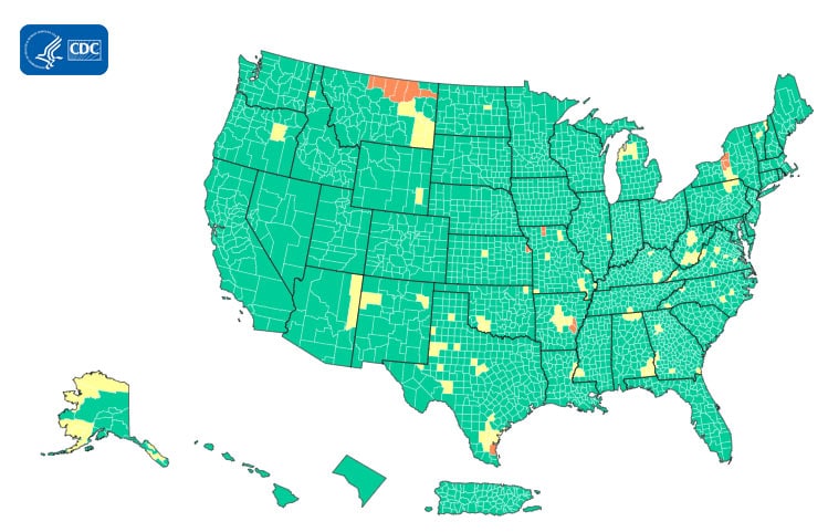 map showing U.S. COVID-19 Community Levels by County 04-08-2022