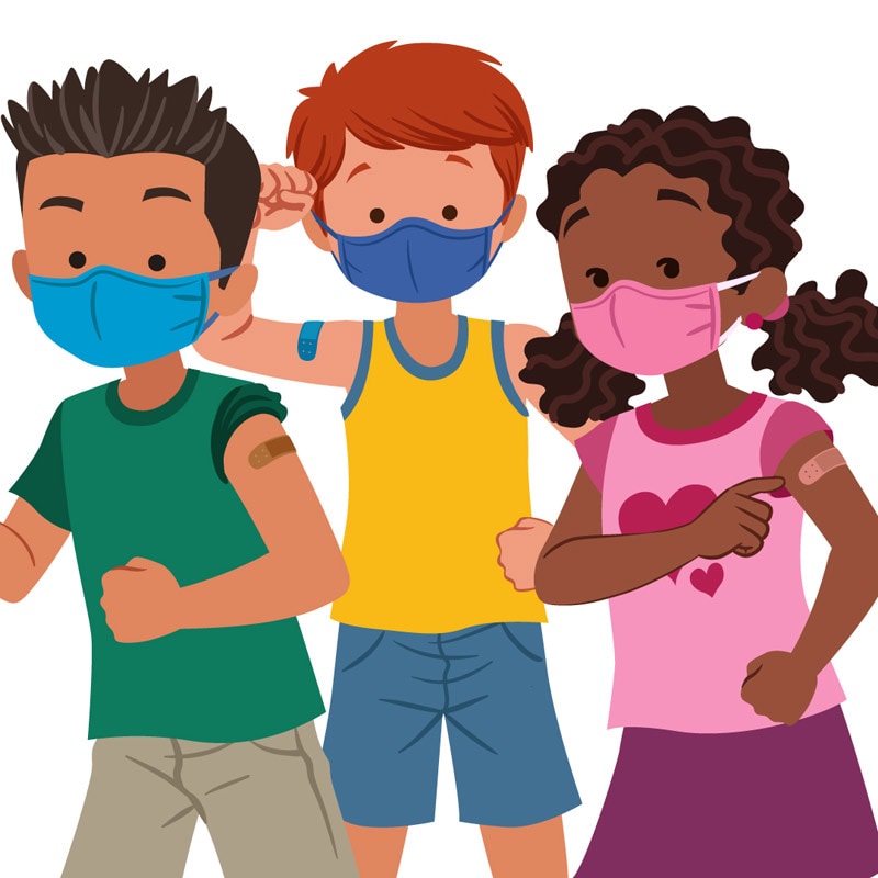illustration of three children with masks and band aids on their arms