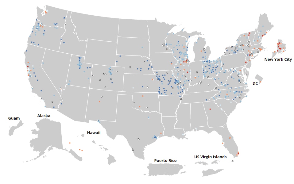 A map of the U.S. showing wastewater surveillance locations, and the level of SARS-CoV-2 viral RNA detected at each location.