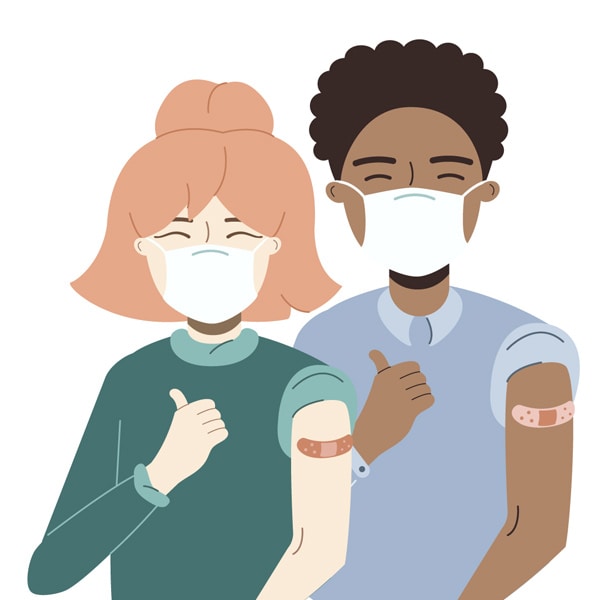 two people wearing masks with band aide on arm giving a thumbs up