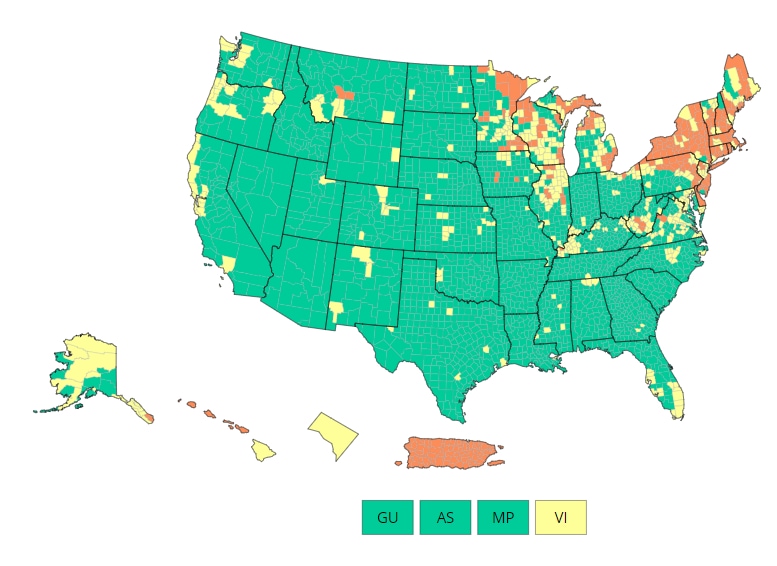 U.S. COVID-19 Community Levels by County 05-20-2022  legend for map: green = low yellow = medium orange = high grey = no data