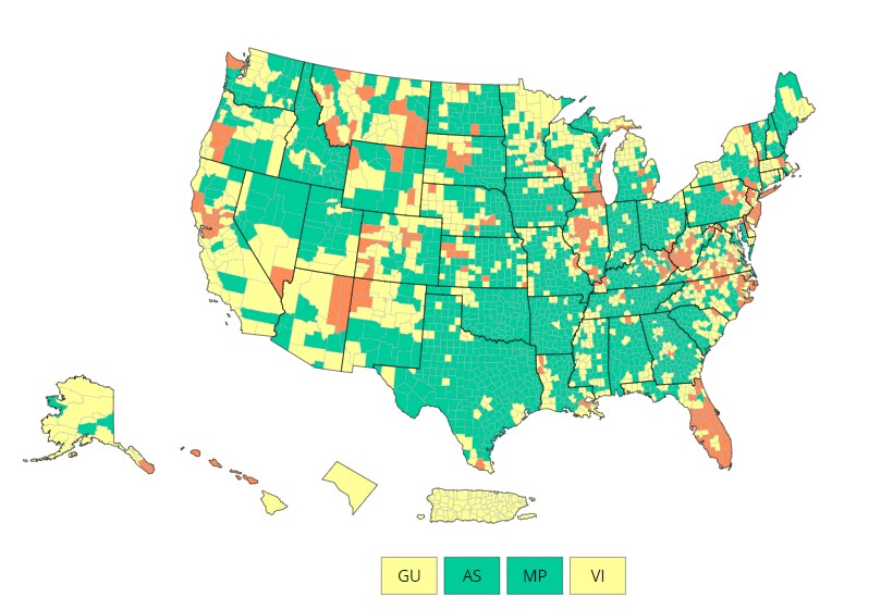 Map of U.S. COVID-19 Community Levels by County 06-10-2022