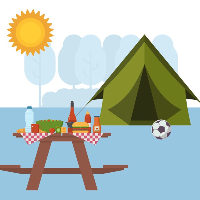 illustration of camp site with picnic table and soccer ball
