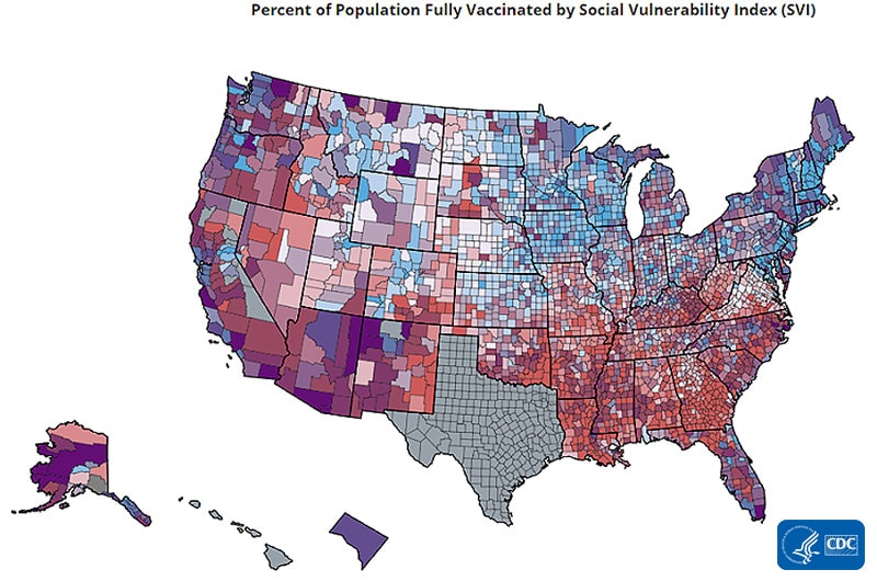 Percent of Population Fully Vaccinated by Social Vulnerability Index (SIV) map with counties in different colors