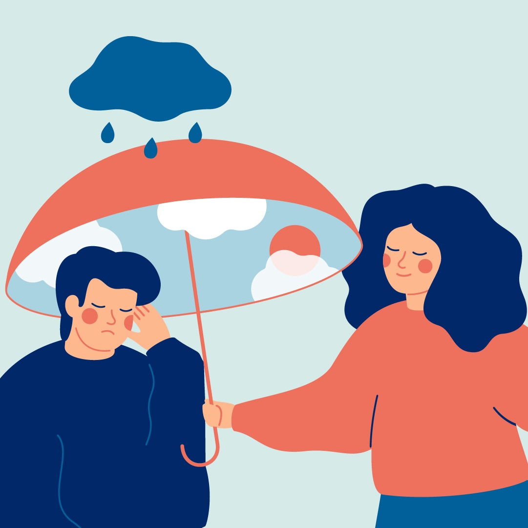 woman holding umbrella over sad friend