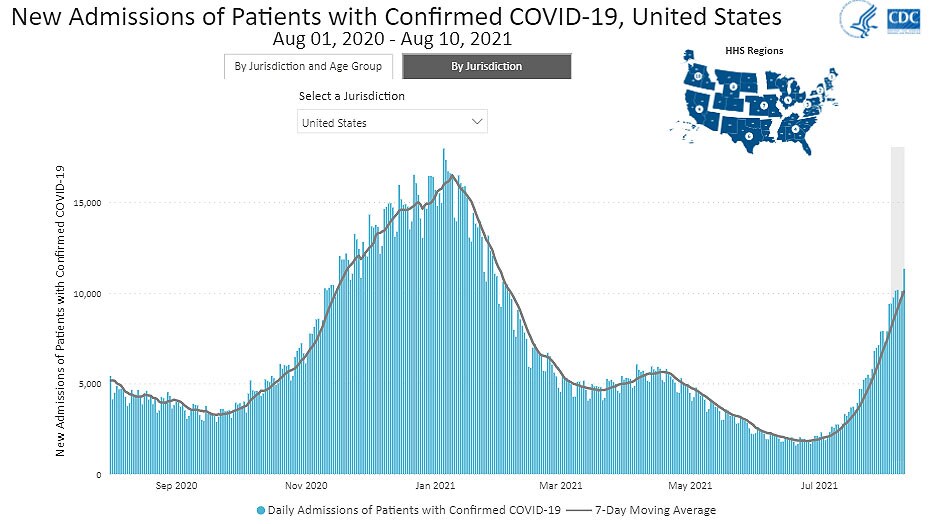 Daily Trends in Number of New COVID-19 Hospital Admissions in the United States 08-13-21
