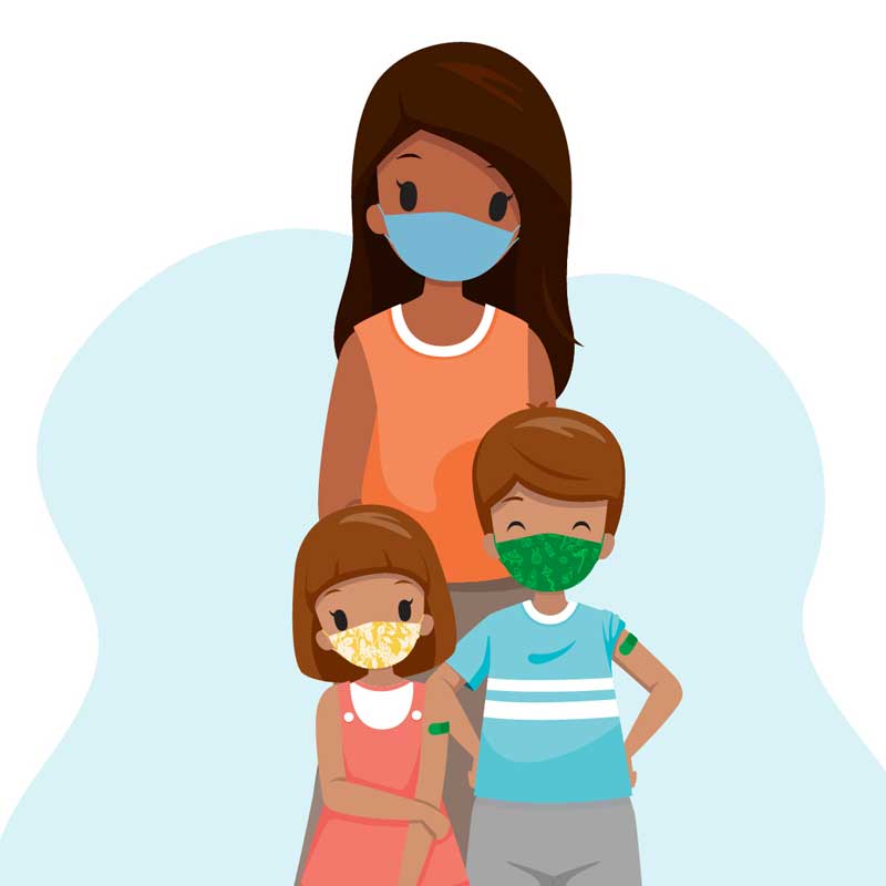 woman and children with masks standing together