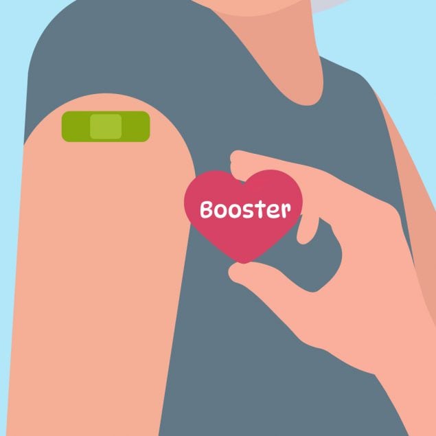 a bandaged shoulder and a hand holding a heart-shaped booster label
