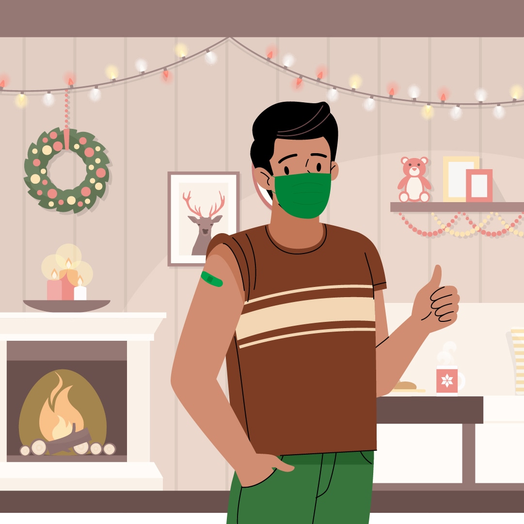 hearth decorated for the holidays. A man wearing a cloth mask with a bandage on his shoulder