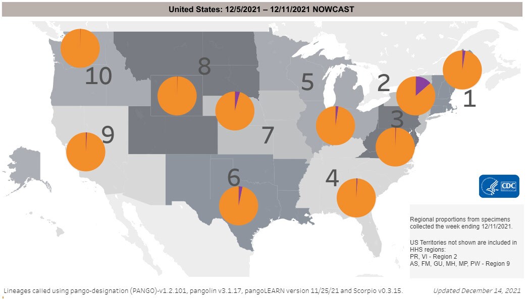 Map with pie charts over regions with text: United States: 12/5/2021 - 12/11/2021 NOWCAST Regional proportions from specimens collected the week ending 12/11/2021 US territories not shwon are incluede in HHS regions: PR, VI- region 2 AS, FM, GU,MG,MP, PW - Region 9 LIneages called using pango-designation (PANGO)-v1.2.101, pangolin v3.1.17, pangoLEARN version 11/25.21 and Scorpio v1.3.15