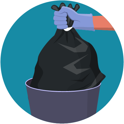 Illustration: gloved hand disposing trash into garbage pale