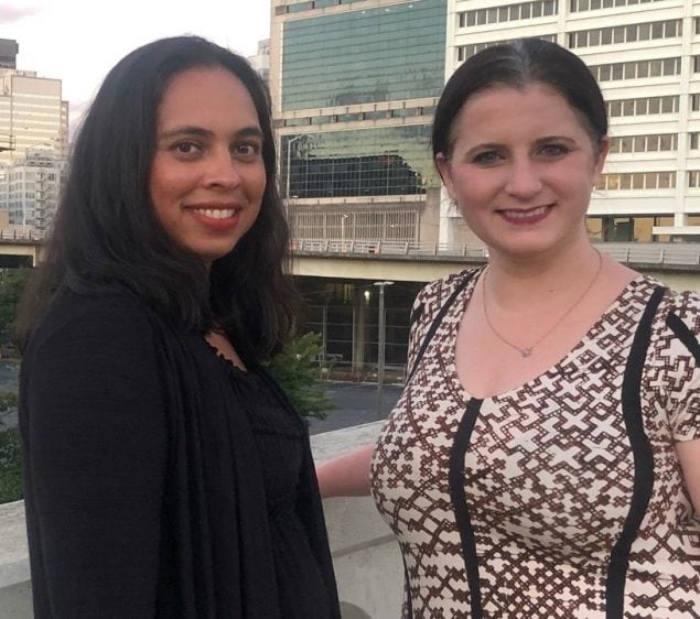 Neetu Abad (l.) and Lis Wilhelm (r.) in downtown Atlanta, where they set up a vaccine confidence art event