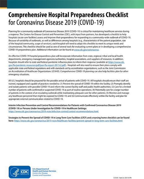 Comprehensive Hospital Preparedness Checklist for Coronavirus Disease 2019