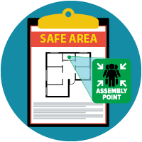 icon of clipboard with a map with the words safe area and assembly point